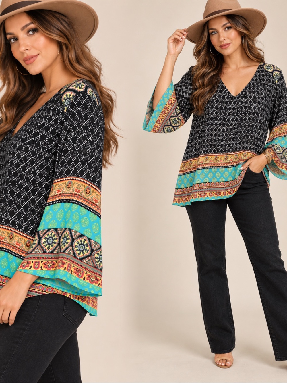 Boho V-Neck Bell Sleeve Top in Black and Teal